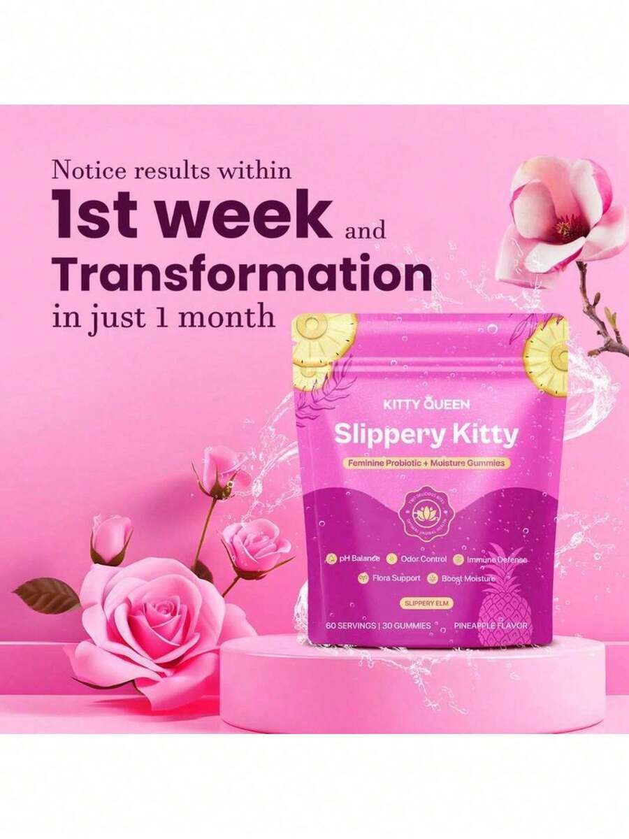 Slippery Kitty Feminine Probiotic + Moisture Gummies - All In One Solution With Slippery Elm 60 Count Pineapple Flavor - 1