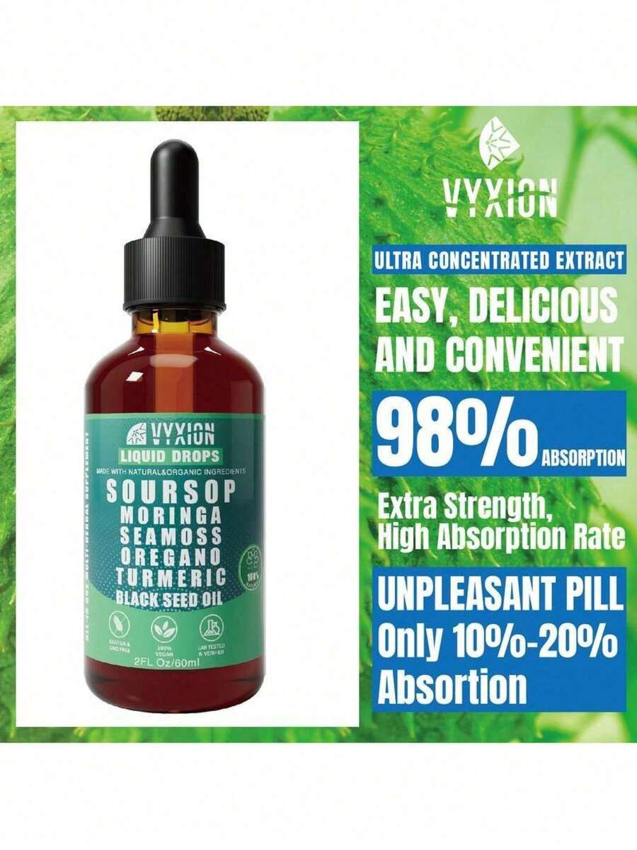 Soursop Bitters Liquid Drops 10-In-1 With Nori, Moringa, Turmeric, Black Seed Oil, Oregano, Ashwagandha| Herbal Extracts For Overall Health| Vegan, Non-GMO| 2 Fl Oz - 1