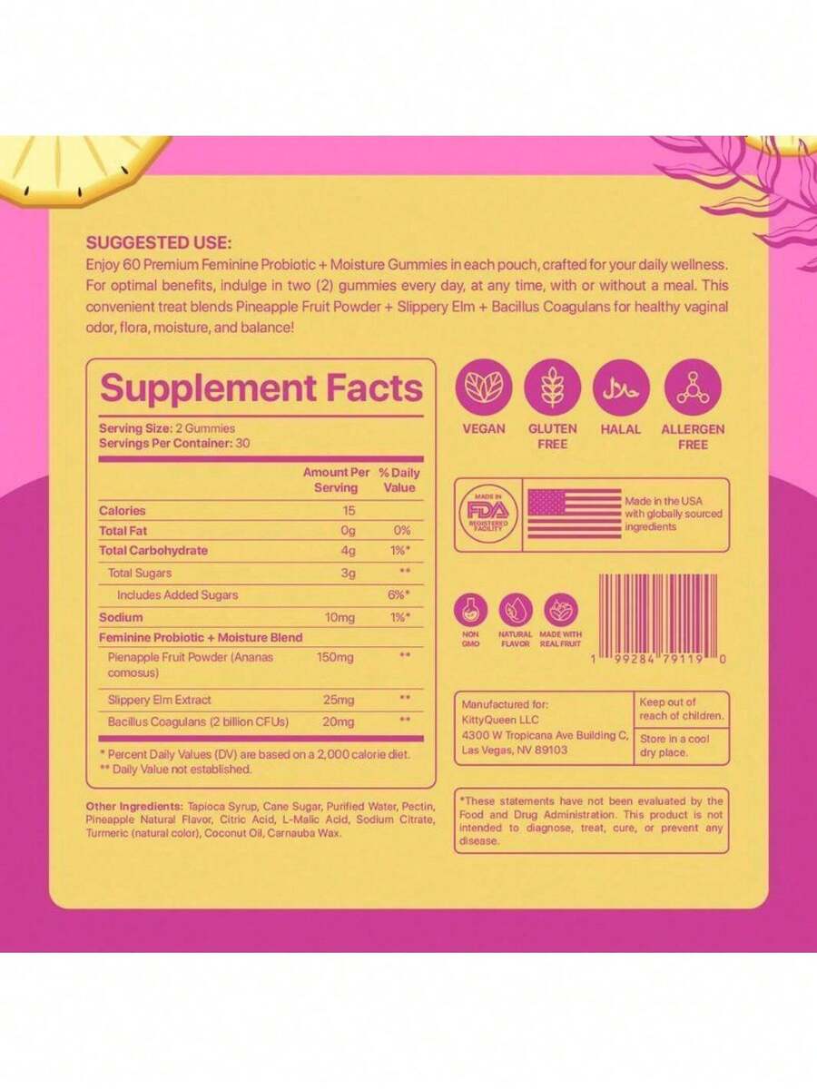 Slippery Kitty Feminine Probiotic + Moisture Gummies - All In One Solution With Slippery Elm 60 Count Pineapple Flavor - 2
