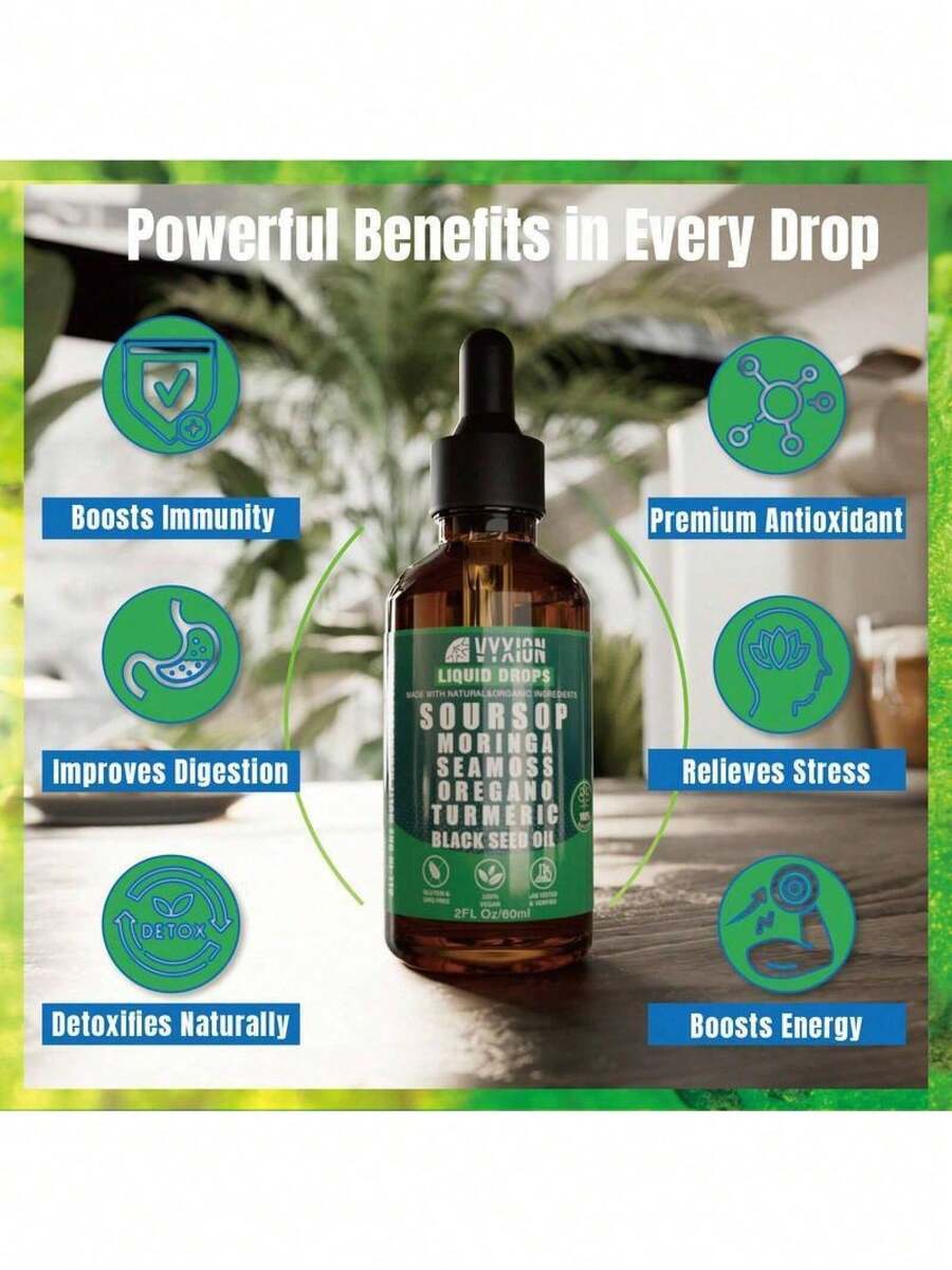 Soursop Bitters Liquid Drops 10-In-1 With Nori, Moringa, Turmeric, Black Seed Oil, Oregano, Ashwagandha| Herbal Extracts For Overall Health| Vegan, Non-GMO| 2 Fl Oz - Default Color
