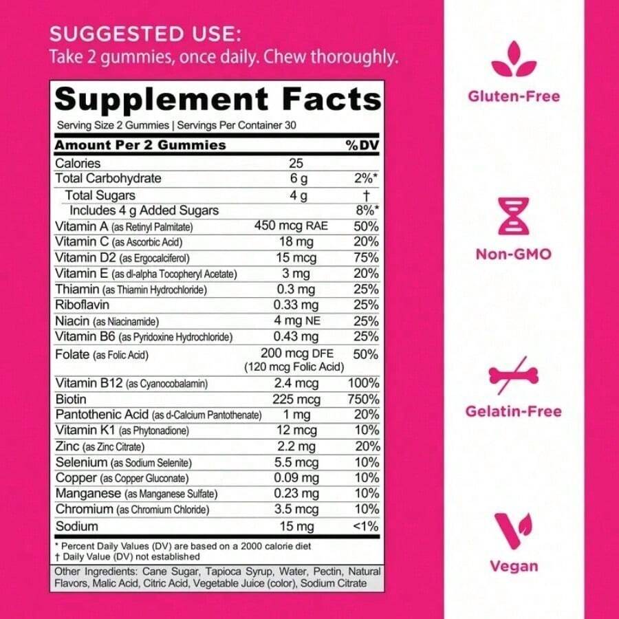 Women's Complete Multi Gummies All 13 Essential Vitamins, All B Vitamins, Vitamin Zinc, Biotin And More. Healthy Hair, Skin & Nails, Eyes, Immune, Brain & Nervous System, Heart Health. Gluten-Free, Vegan, Non-GMO, And Gelatin-Free. - 2-pack