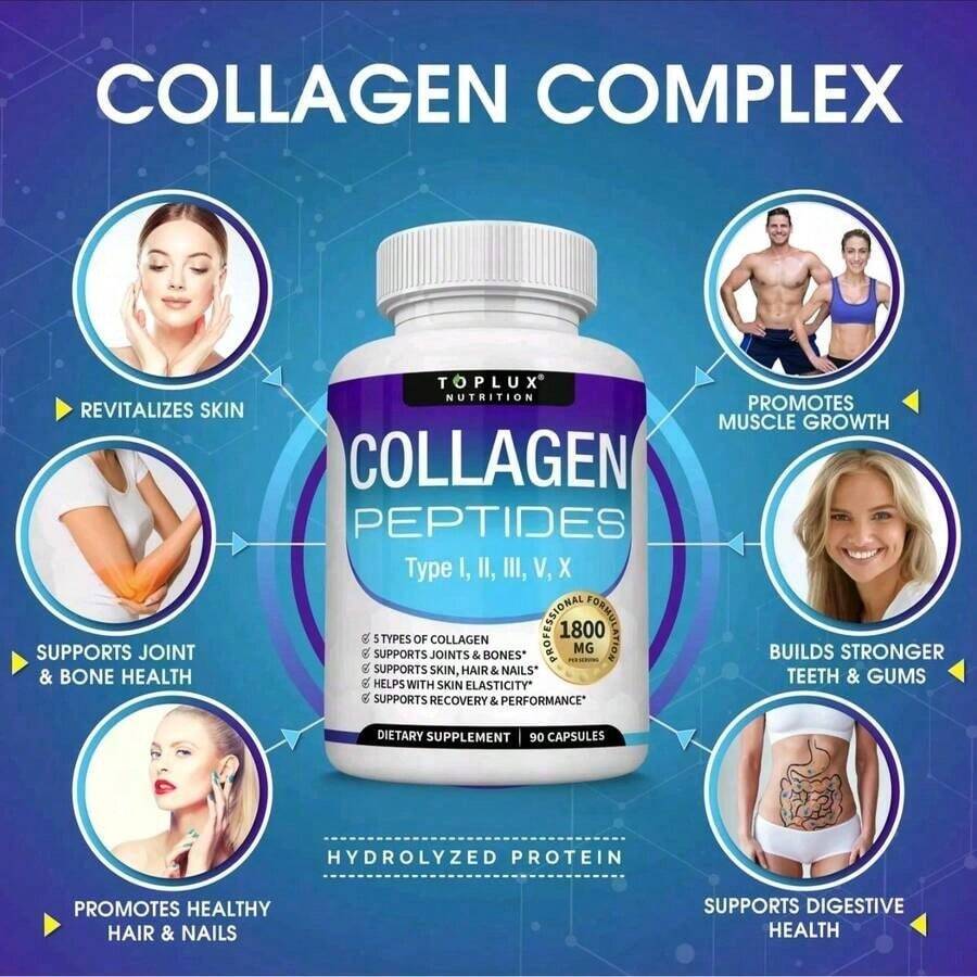 Toplux Collagen Peptides 5 Types Of Collagen Complex 1800mg US Made Dietary Supplement For Health Beauty Fitness, Free Shipping, Collagen For Women, Daily Suppliments - Other