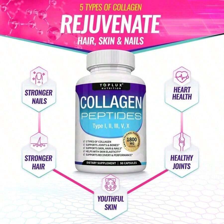 Toplux Collagen Peptides 5 Types Of Collagen Complex 1800mg US Made Dietary Supplement For Health Beauty Fitness, Free Shipping, Collagen For Women, Daily Suppliments - Other