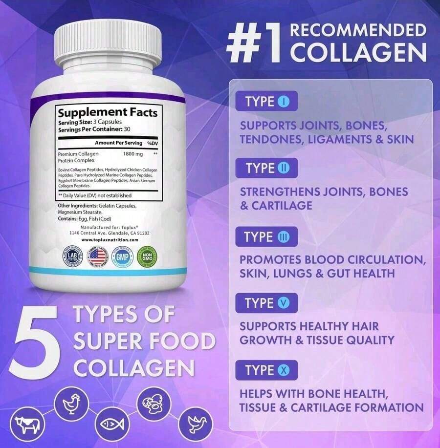 Toplux Collagen Peptides 5 Types Of Collagen Complex 1800mg US Made Dietary Supplement For Health Beauty Fitness, Free Shipping, Collagen For Women, Daily Suppliments - Default Color