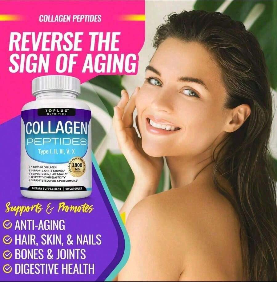 Toplux Collagen Peptides 5 Types Of Collagen Complex 1800mg US Made Dietary Supplement For Health Beauty Fitness, Free Shipping, Collagen For Women, Daily Suppliments - Default Color