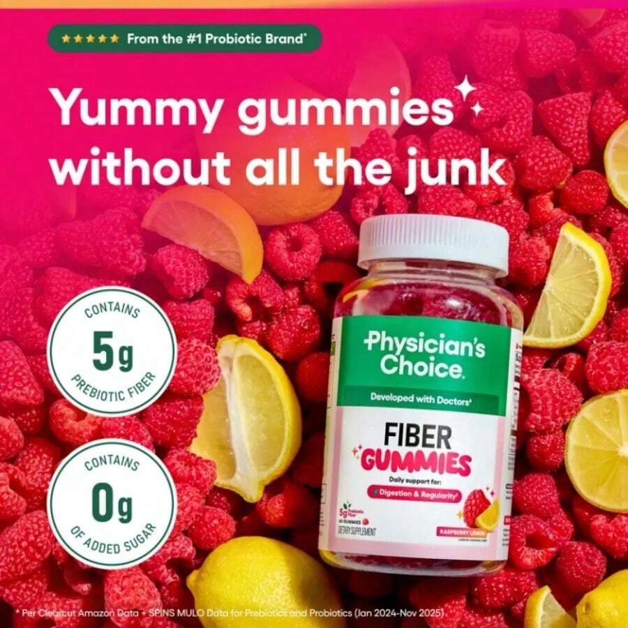 Fiber Gummies For Digestive Health & Regularity - Raspberry Lemon Flavor - No Sugar Added & Vegan - Daily Gummy For Adults - 1