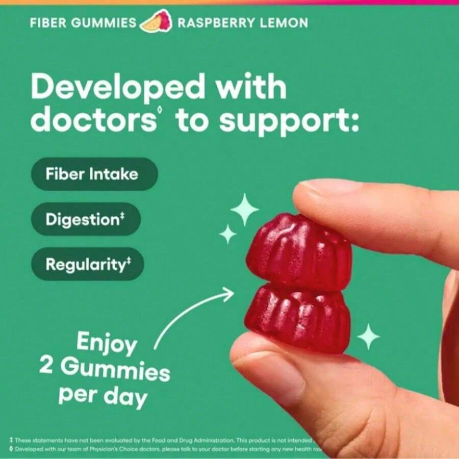 Fiber Gummies For Digestive Health & Regularity - Raspberry Lemon Flavor - No Sugar Added & Vegan - Daily Gummy For Adults - 1