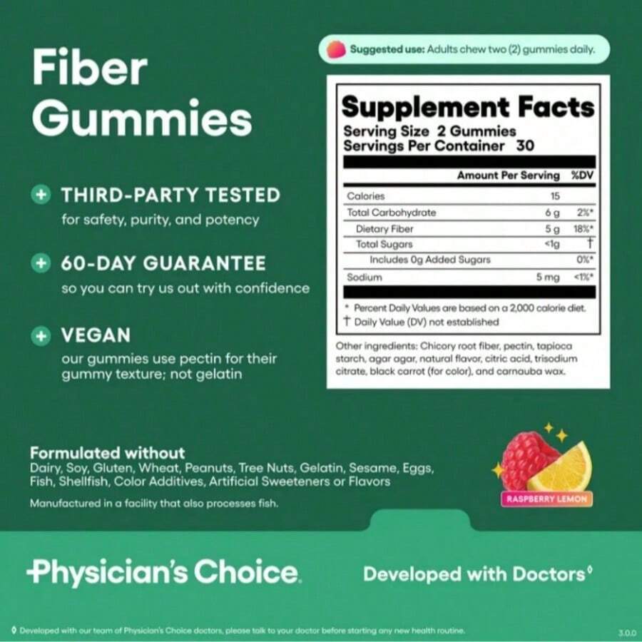 Fiber Gummies For Digestive Health & Regularity - Raspberry Lemon Flavor - No Sugar Added & Vegan - Daily Gummy For Adults - Default Color
