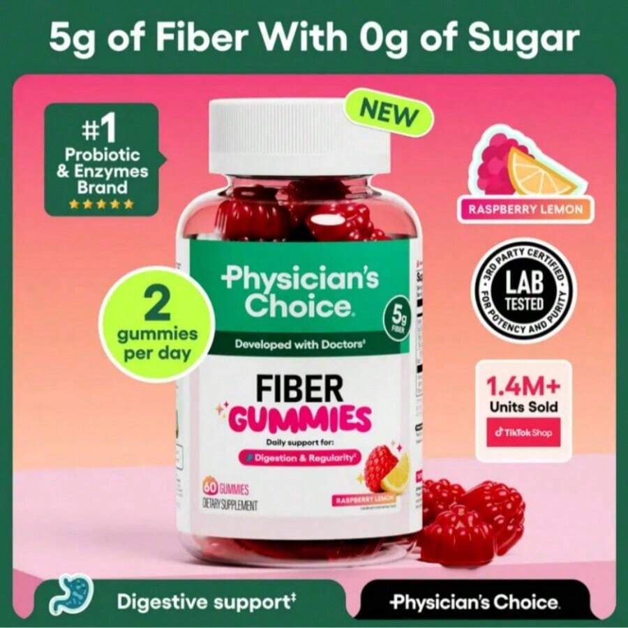 Fiber Gummies For Digestive Health & Regularity - Raspberry Lemon Flavor - No Sugar Added & Vegan - Daily Gummy For Adults - 2-pack
