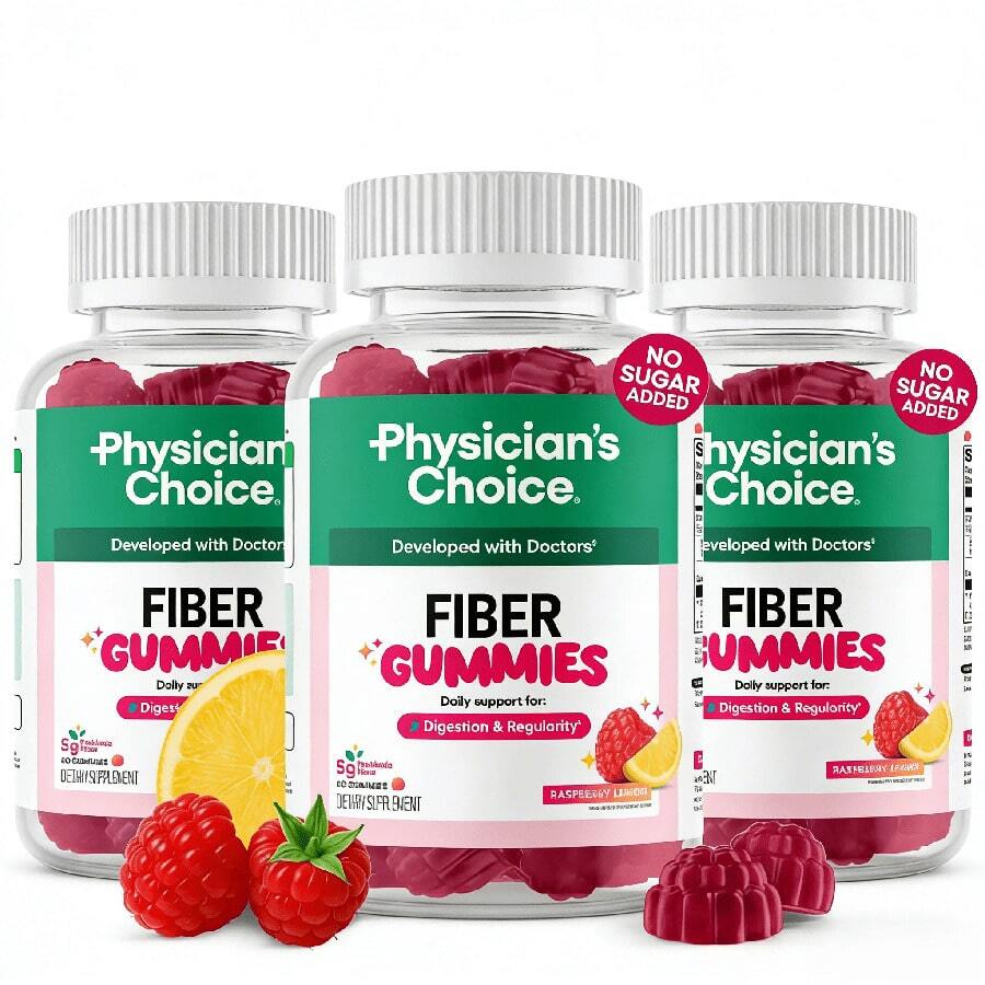 Fiber Gummies For Digestive Health & Regularity - Raspberry Lemon Flavor - No Sugar Added & Vegan - Daily Gummy For Adults - 1