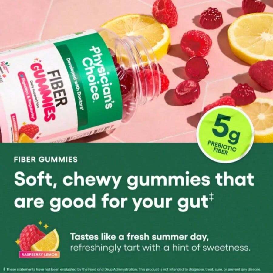 Fiber Gummies For Digestive Health & Regularity - Raspberry Lemon Flavor - No Sugar Added & Vegan - Daily Gummy For Adults - 2-pack
