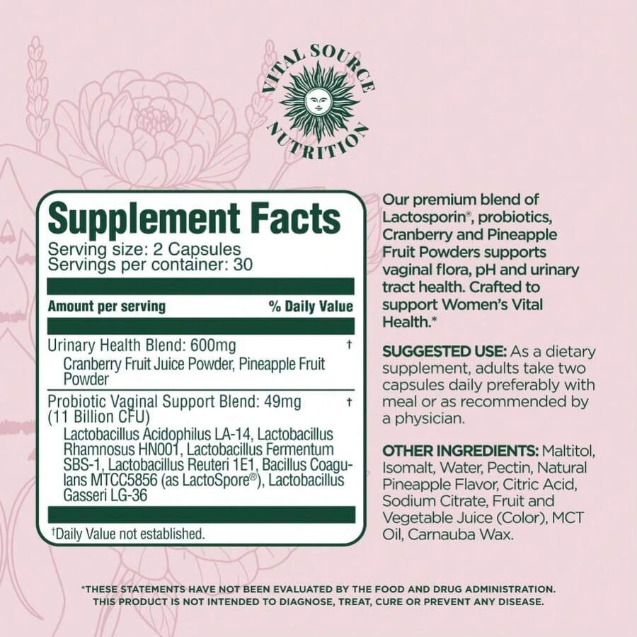 Vital Source Nutrition ViXi Healthy Female Physiological Function Support Supplement |     With LactoSpore ®   , Cranberry & Pineapple |     Vegan Non-GMO |     30 Servings |     Dietary Supplement - 1