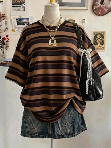 Lalippa Women's Oversized Striped Graphic T-Shirt – Digital Print Casual Drop Shoulder Mid-Length Crew Neck Tee | Gift for Friends4