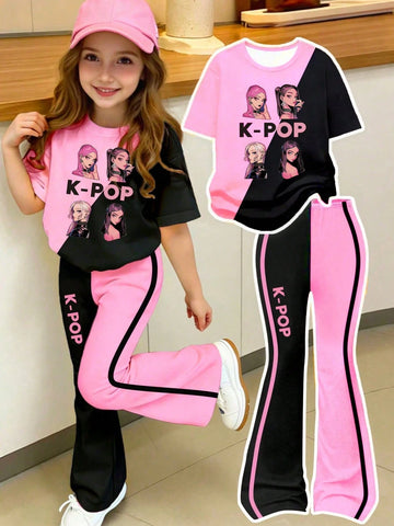 Tween Girls Black & Pink Cartoon Top & Flare Pants Set (2-Piece)