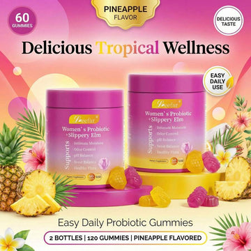 LEEFAR Women's Probiotic Gummies With Slippery Elm - Tropical Pineapple Flavor For PH Balance Digestive & Immune Health - 60 Gummies Per Pack - Default Color