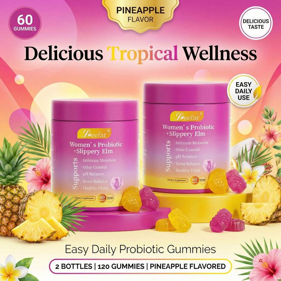 LEEFAR Women's Probiotic Gummies With Slippery Elm - Tropical Pineapple Flavor For PH Balance Digestive & Immune Health - 60 Gummies Per Pack - 1PC