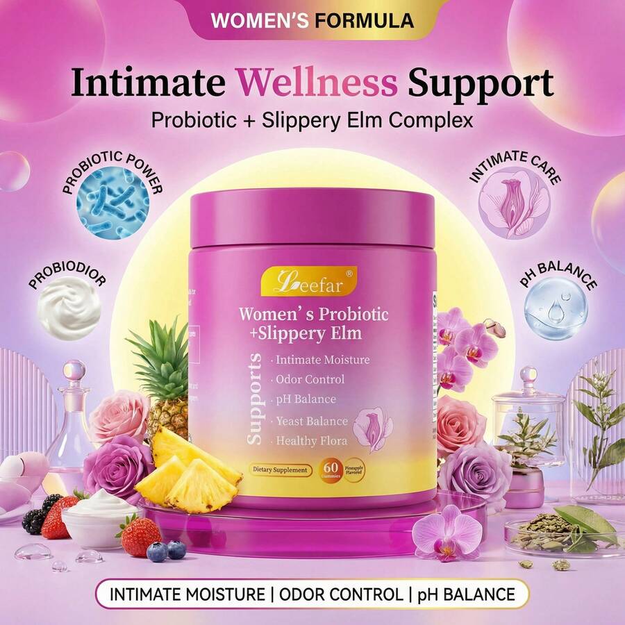 LEEFAR Women's Probiotic Gummies With Slippery Elm - Tropical Pineapple Flavor For PH Balance Digestive & Immune Health - 60 Gummies Per Pack - 2PC