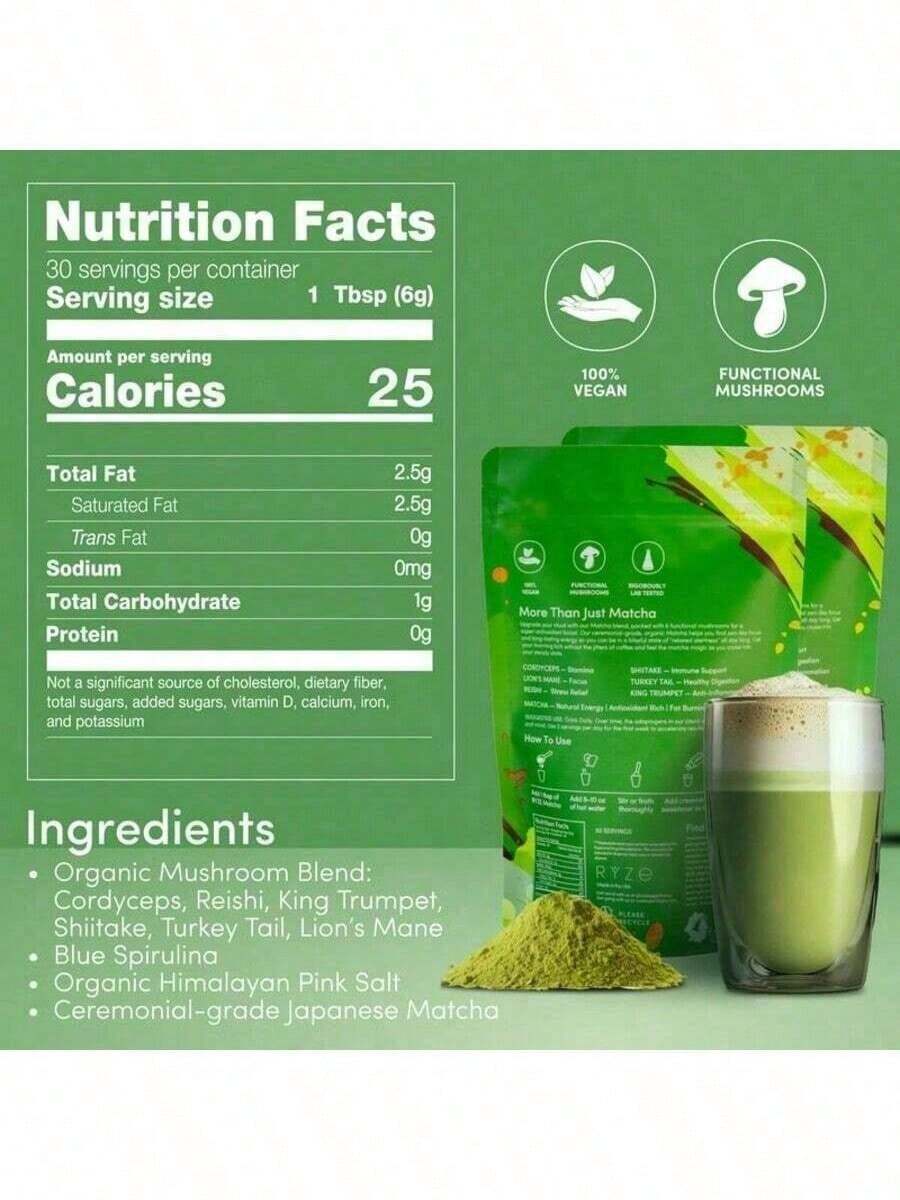 Mushroom Matcha, 6 Adaptogenic Mushrooms With Ceremonial-Grade Japanese Matcha, Organic, 60 Servings - Default Color