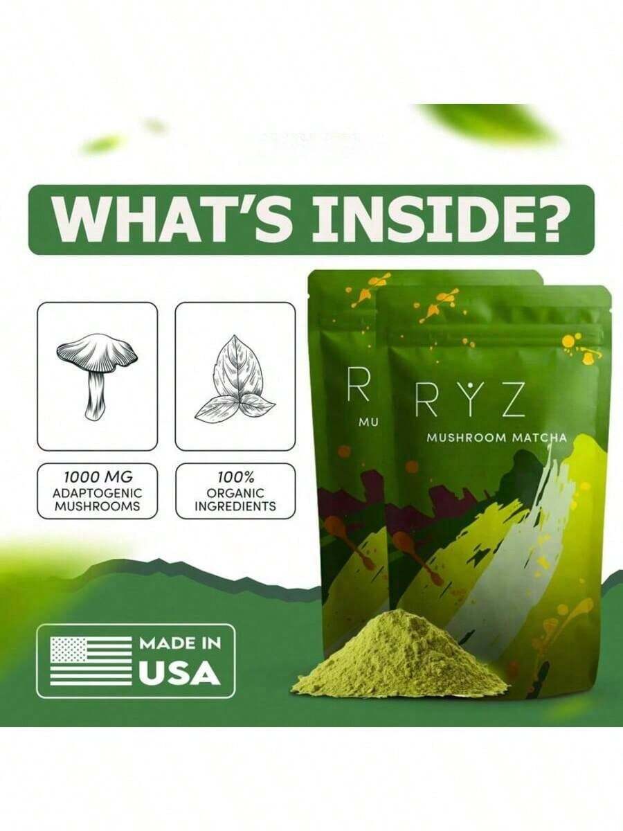 Mushroom Matcha, 6 Adaptogenic Mushrooms With Ceremonial-Grade Japanese Matcha, Organic, 60 Servings - 2-pack