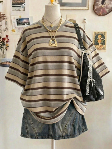 Lalippa Women's Oversized Striped Graphic T-Shirt – Digital Print Casual Drop Shoulder Mid-Length Crew Neck Tee | Gift for Friends6