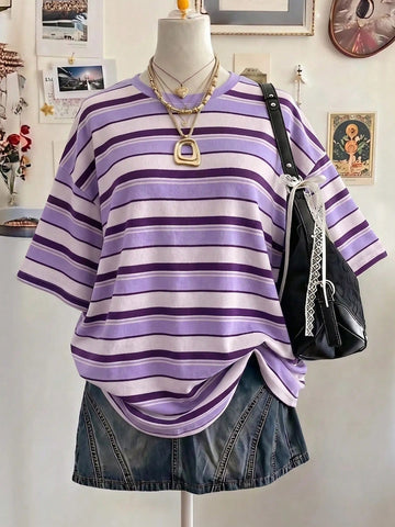 Lalippa Women's Oversized Striped Graphic T-Shirt – Digital Print Casual Drop Shoulder Mid-Length Crew Neck Tee | Gift for Friends