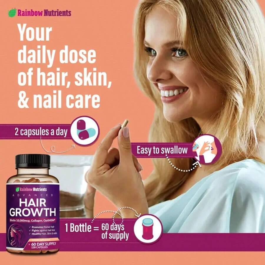 24-In-1 Advanced Hair Growth Vitamins |   Biotin 10,000mcg, Collagen, Patented OptiMSM, GoMCT, Saw Palmetto |   Naturally Regrow Stronger & Healthier Hair, Skin And Nails |   Stops Hair Loss |   60 Day Supply - 3bottle