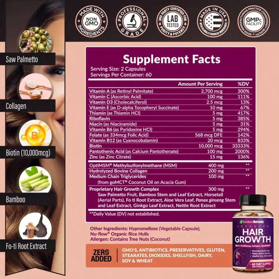 24-In-1 Advanced Hair Growth Vitamins |   Biotin 10,000mcg, Collagen, Patented OptiMSM, GoMCT, Saw Palmetto |   Naturally Regrow Stronger & Healthier Hair, Skin And Nails |   Stops Hair Loss |   60 Day Supply - 3bottle