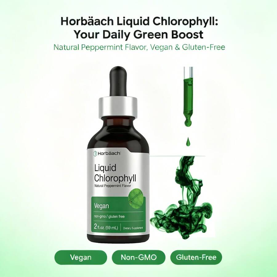 Horbäach Liquid Chlorophyll Drops |   2 Oz |   Vegan, Non-GMO, And Gluten Free Formula |   Natural Peppermint Flavor - Default Color