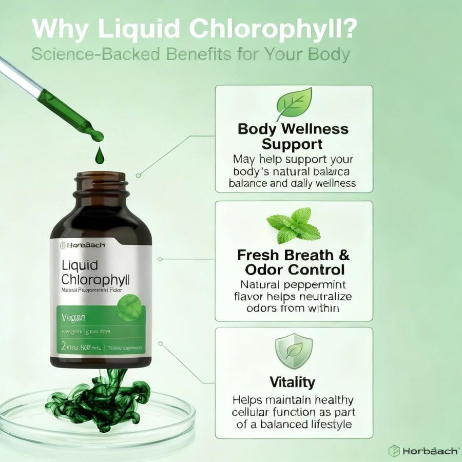 Horbäach Liquid Chlorophyll Drops |   2 Oz |   Vegan, Non-GMO, And Gluten Free Formula |   Natural Peppermint Flavor - 3PCS