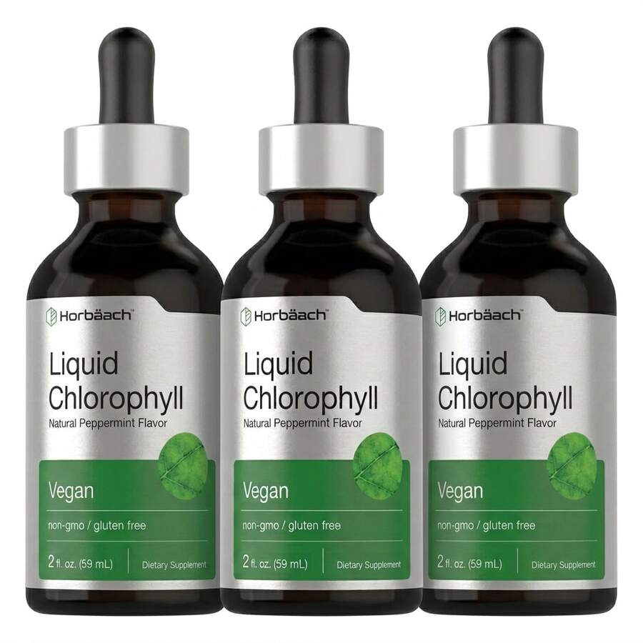 Horbäach Liquid Chlorophyll Drops |   2 Oz |   Vegan, Non-GMO, And Gluten Free Formula |   Natural Peppermint Flavor - 3PCS