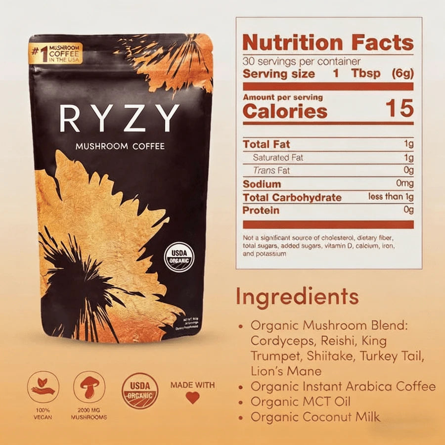 Premium Organic Instant Coffee Infused With Cordyceps, Lion's Mane, Turkey Tail & MCT Oil, Natural Mushroom Blend, 30 Servings - 2-pack