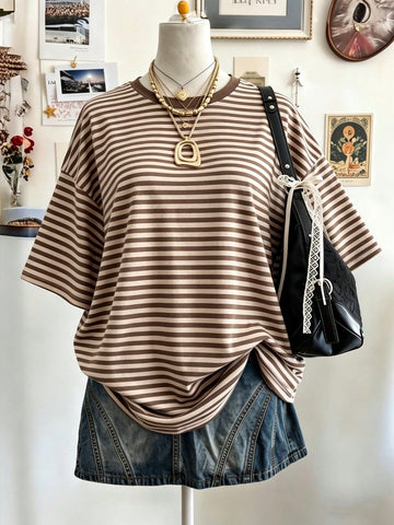 Lalippa Women's Oversized Striped Graphic T-Shirt – Digital Print Casual Drop Shoulder Mid-Length Crew Neck Tee | Gift for Friends