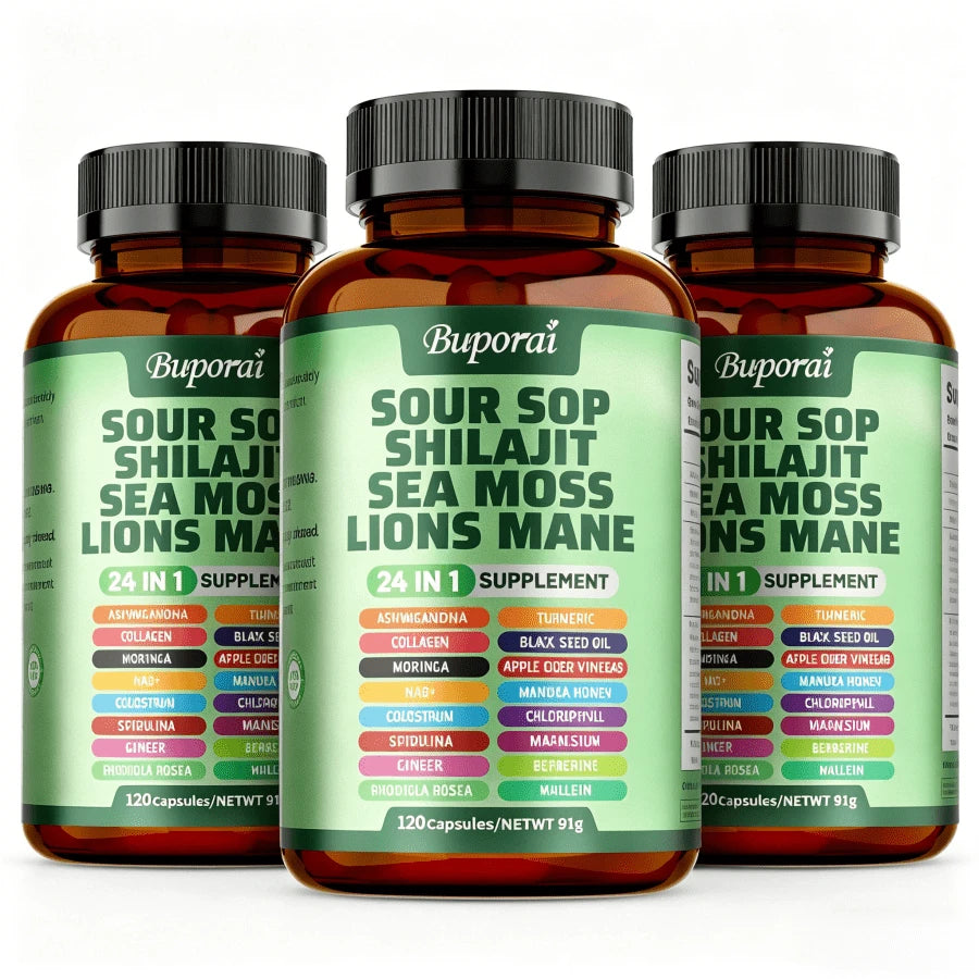 BUPORAI Soursop Shilajit Sea Moss Lion's Mane - Has Natural Antioxidant Properties To Boost Immunity And Support Cell Regeneration - 120pcs - Default Color