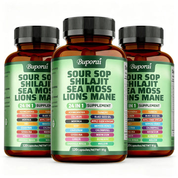 BUPORAI Soursop Shilajit Sea Moss Lion's Mane - Has Natural Antioxidant Properties To Boost Immunity And Support Cell Regeneration - 120pcs - Default Color