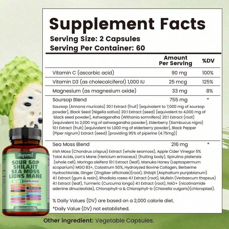 BUPORAI Soursop Shilajit Sea Moss Lion's Mane - Has Natural Antioxidant Properties To Boost Immunity And Support Cell Regeneration - 120pcs - 3 Bottle