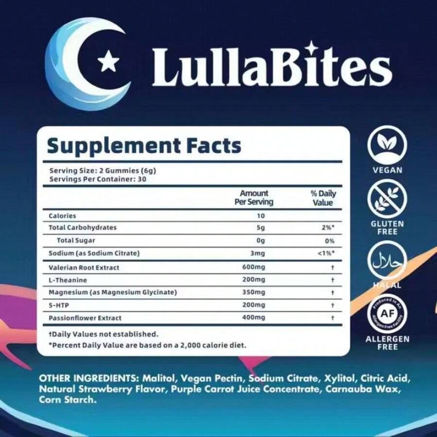 LullaBites Natural Sleep Gummies – Melatonin-Free Blend With 5-HTP, L-Theanine, Magnesium & Valerian – Vegan, Sugar-Free, Halal – Strawberry Flavor – 60 Gummies (30 Servings) - 1 Bottle