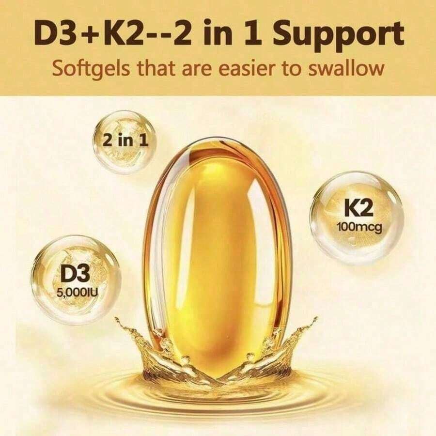 Supplement Vitamin D3K2, 250 Veggie Softgels, 2 In 1 (5000 D3+100mcg K2 MK7)| Healthy Bones, Teeth, Heart, Immune System Healthcare Dietary Fitness Edible - 3PCS