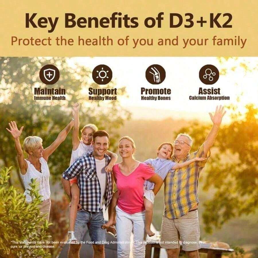 Supplement Vitamin D3K2, 250 Veggie Softgels, 2 In 1 (5000 D3+100mcg K2 MK7)| Healthy Bones, Teeth, Heart, Immune System Healthcare Dietary Fitness Edible - 3PCS