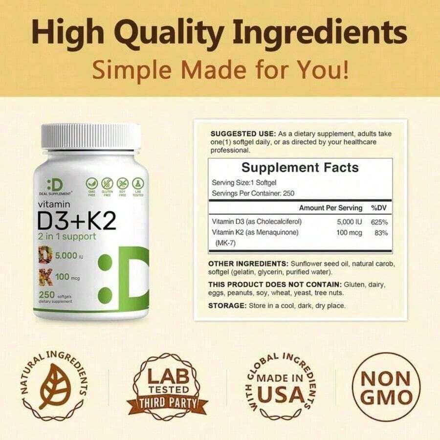 Supplement Vitamin D3K2, 250 Veggie Softgels, 2 In 1 (5000 D3+100mcg K2 MK7)| Healthy Bones, Teeth, Heart, Immune System Healthcare Dietary Fitness Edible - Default Color