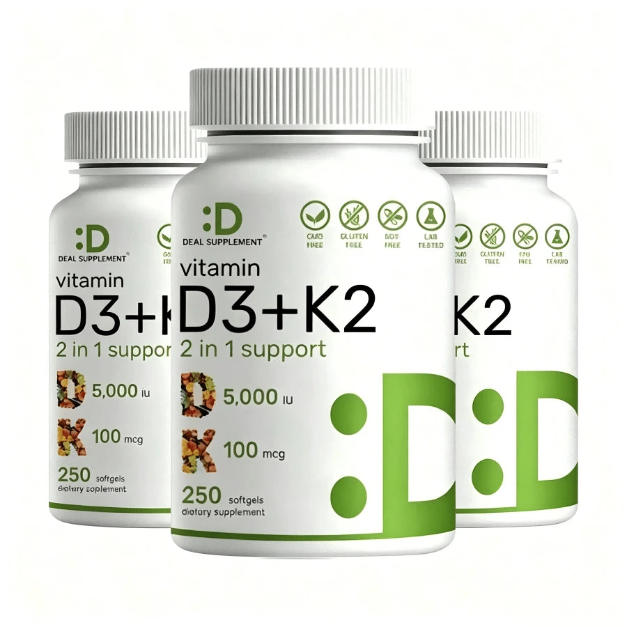 Supplement Vitamin D3K2, 250 Veggie Softgels, 2 In 1 (5000 D3+100mcg K2 MK7)| Healthy Bones, Teeth, Heart, Immune System Healthcare Dietary Fitness Edible - Default Color