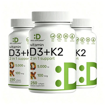 Supplement Vitamin D3K2, 250 Veggie Softgels, 2 In 1 (5000 D3+100mcg K2 MK7)| Healthy Bones, Teeth, Heart, Immune System Healthcare Dietary Fitness Edible - Default Color