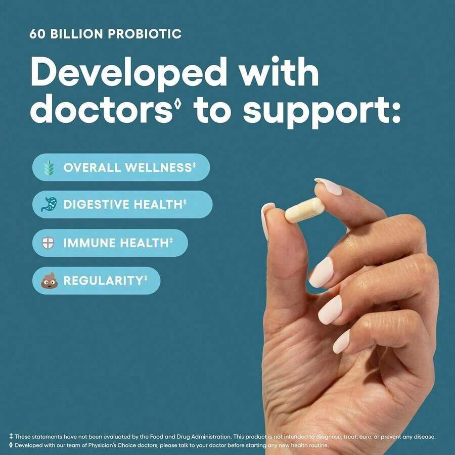 Physician's Choice 60 Billion Probiotic Capsules|     10 Strain Probiotic + Prebiotic Blend|     Dietary Supplement|     30 Count - Default Color