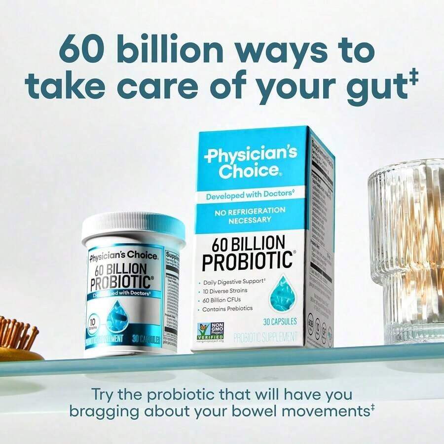 Physician's Choice 60 Billion Probiotic Capsules|     10 Strain Probiotic + Prebiotic Blend|     Dietary Supplement|     30 Count - 1 Bottle