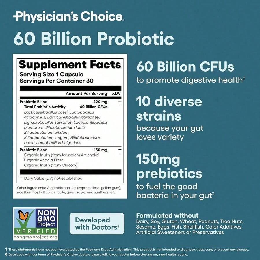 Physician's Choice 60 Billion Probiotic Capsules|     10 Strain Probiotic + Prebiotic Blend|     Dietary Supplement|     30 Count - 1 Bottle