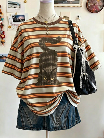 Lalippa Women's Oversized Striped Graphic T-Shirt – Digital Print Casual Drop Shoulder Mid-Length Crew Neck Tee | Gift for Friends