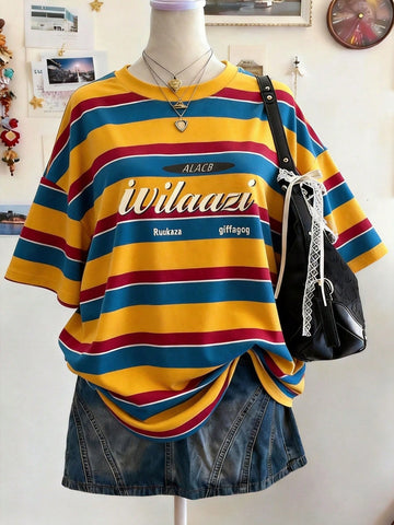 Lalippa Women's Oversized Striped Graphic T-Shirt – Digital Print Casual Drop Shoulder Mid-Length Crew Neck Tee | Gift for Friends