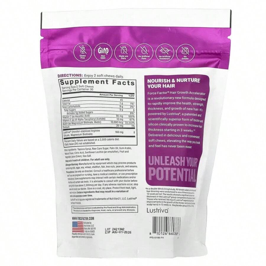 Hair Growth Accelerator With Clinically ProvenLustriva To Promote Thicker, Stronger Hair, Biotin,Vitamin E & C, Mixed Berry, 60 Silicon - Default Color