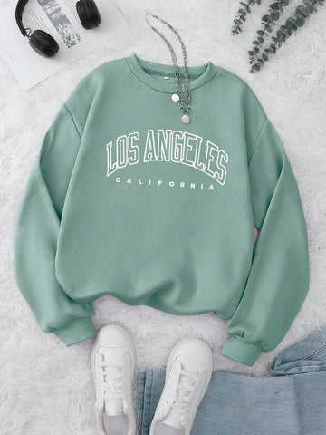 Women's Letter Print Crew Neck Sweatshirt | Casual Long Sleeve Pullover | Lightweight Spring & Fall Graphic Top | Soft Everyday Jumper | Army Green