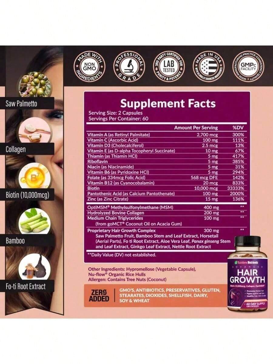 Hair Growth Vitamins For Women| Biotin 10,000mcg, Collagen, Patented OptiMSM®, GoMCT®Saw Palmetto| Naturally Regrow Stronger & Healthier Hair, Skin And Nails| Stops Hair Loss| 60 Day Supply - Default Color