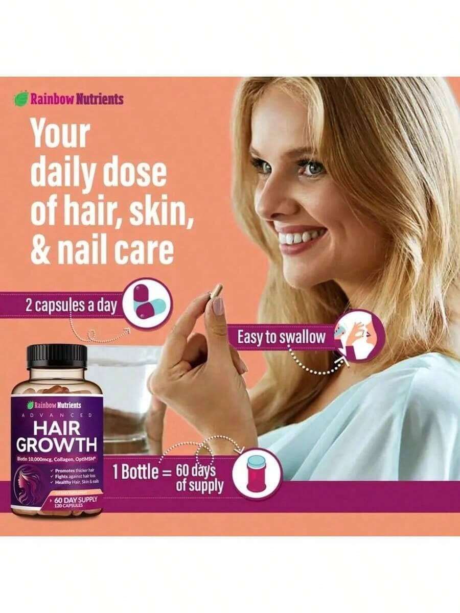 Hair Growth Vitamins For Women| Biotin 10,000mcg, Collagen, Patented OptiMSM®, GoMCT®Saw Palmetto| Naturally Regrow Stronger & Healthier Hair, Skin And Nails| Stops Hair Loss| 60 Day Supply - 1bottel